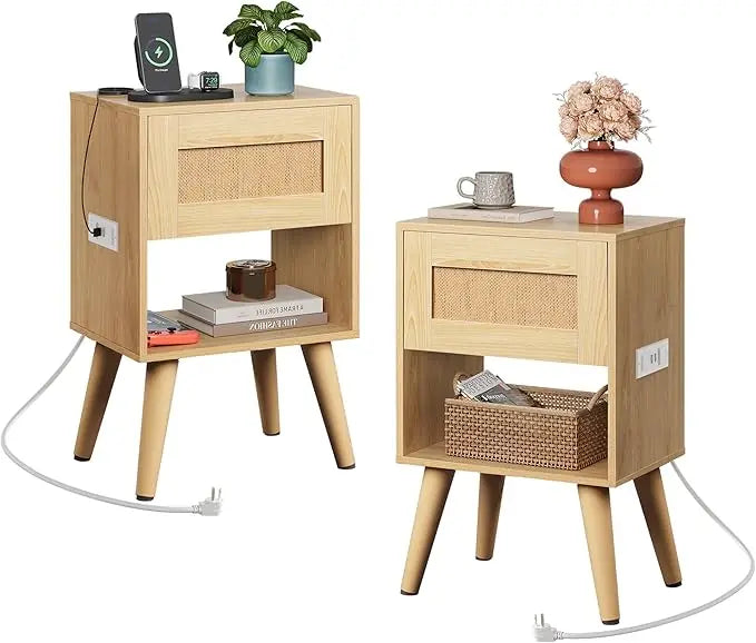 Wood Nightstand With Rattan Decor Drawers, Customized