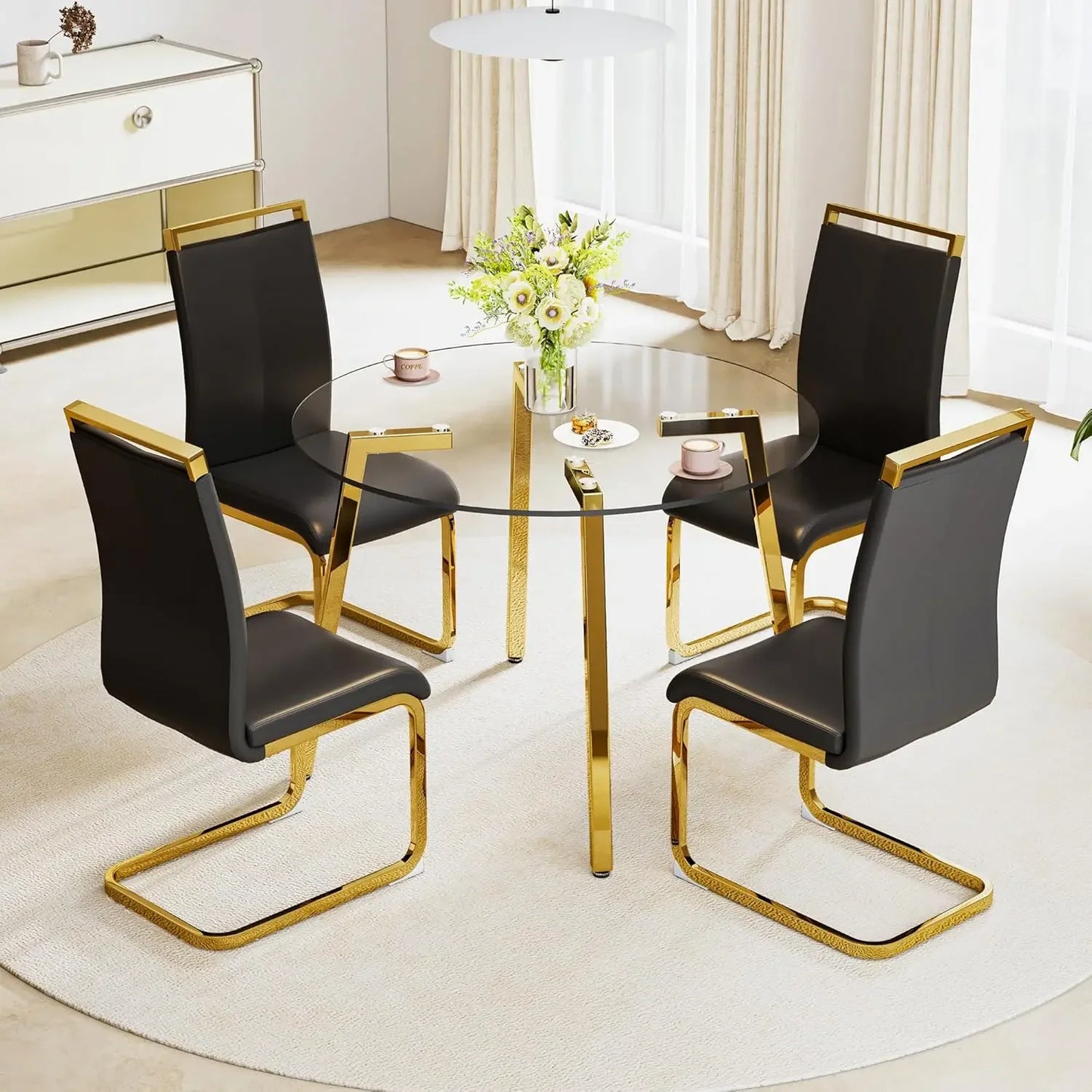42”Round Dining Table Set for 4,Tempered Glass Table Top,Kitchen Room Table with 4 Black Armless Chairs,Suitable for restaurants