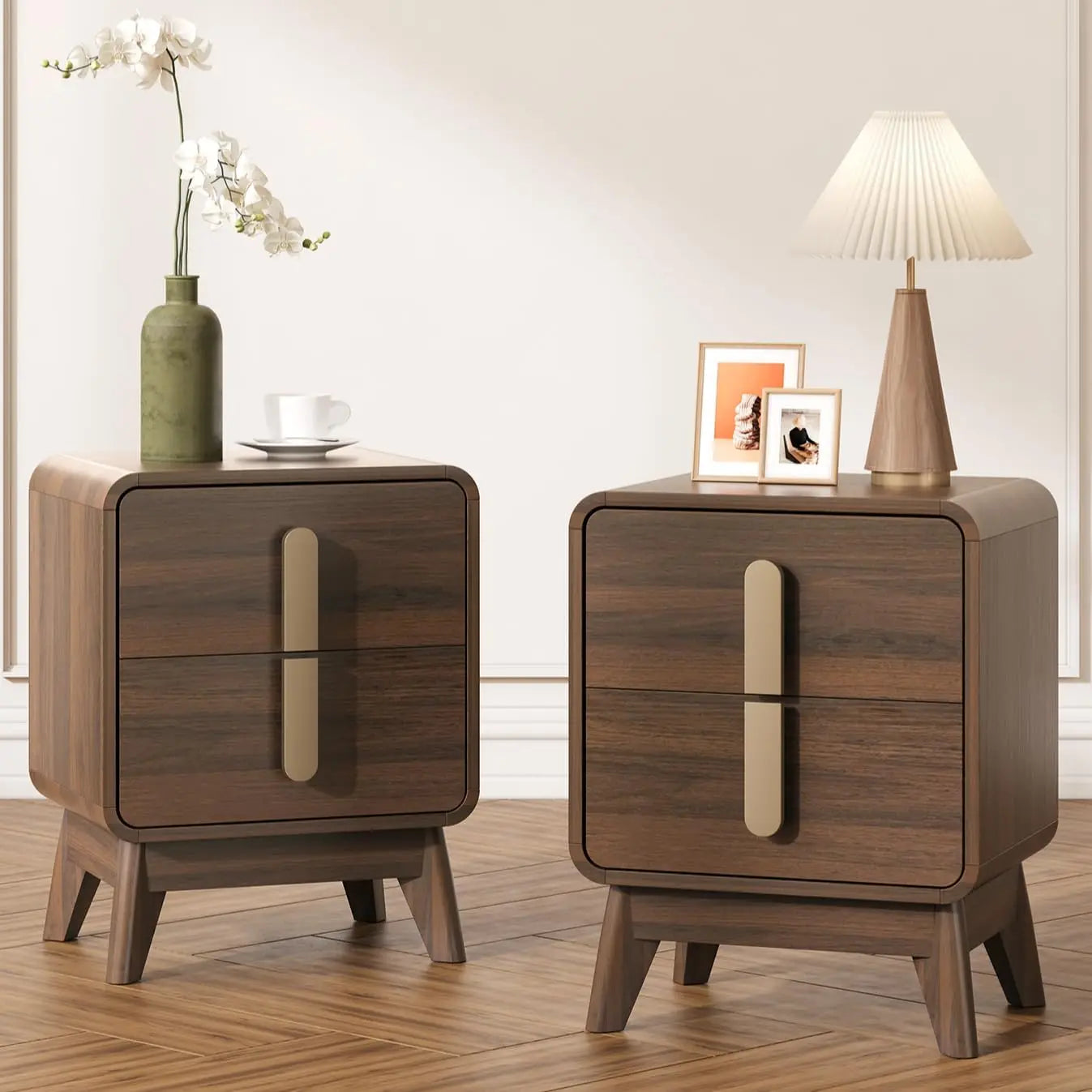 Mid-Century Modern Nightstand With Drawers, Wood Legs
