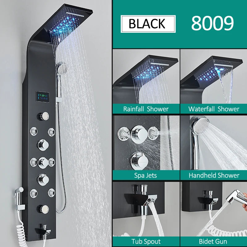 LED, Six Function Rain Shower, Massage Jets