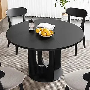 Round Dining Table for 4, Farmhouse 47 Inch Circle Kitchen Table, Rustic Dinner Table with Wood Strip Base for Dining Room Kitch