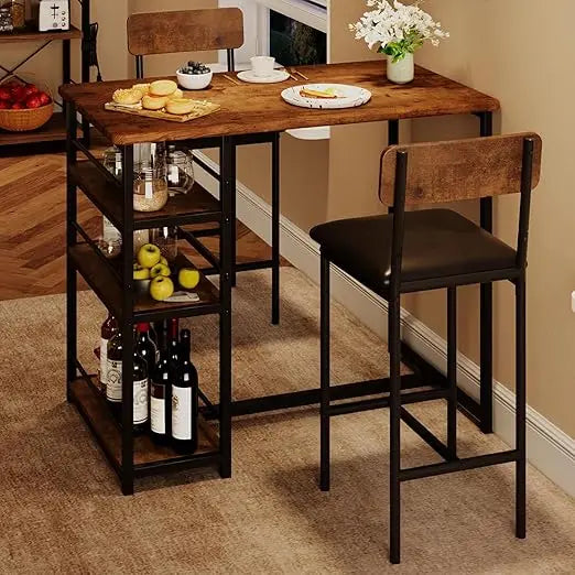 3 Piece Bar Table Set with 2 Upholstered Counter Stools 3 Tier Storage Shelves Steel, 300LB Capacity Compact Dining for Apartmen