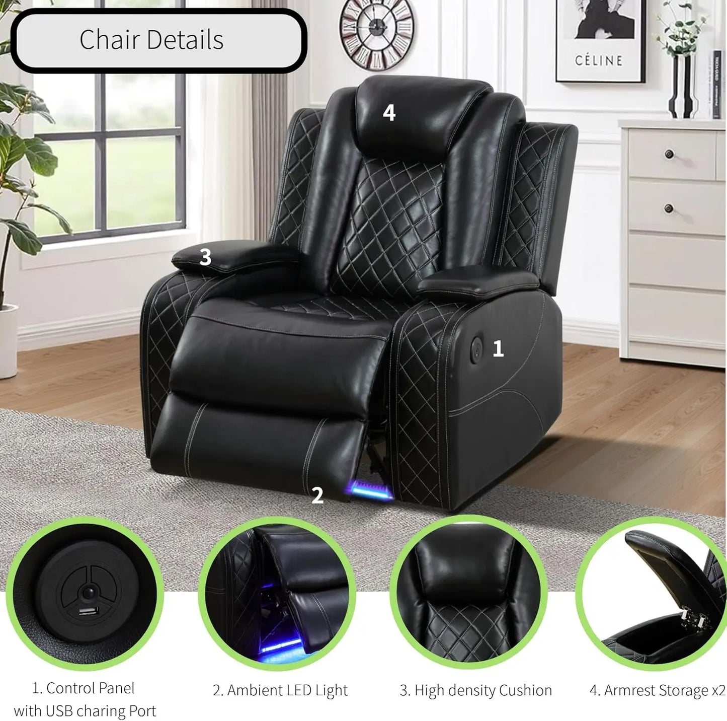 Power Recliner Sectional Sofa With LED Light