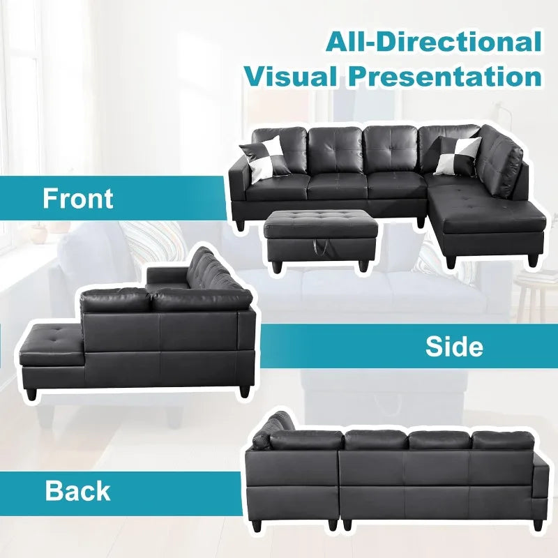 Faux Leather 3-Piece Sectional with Storage Ottoman