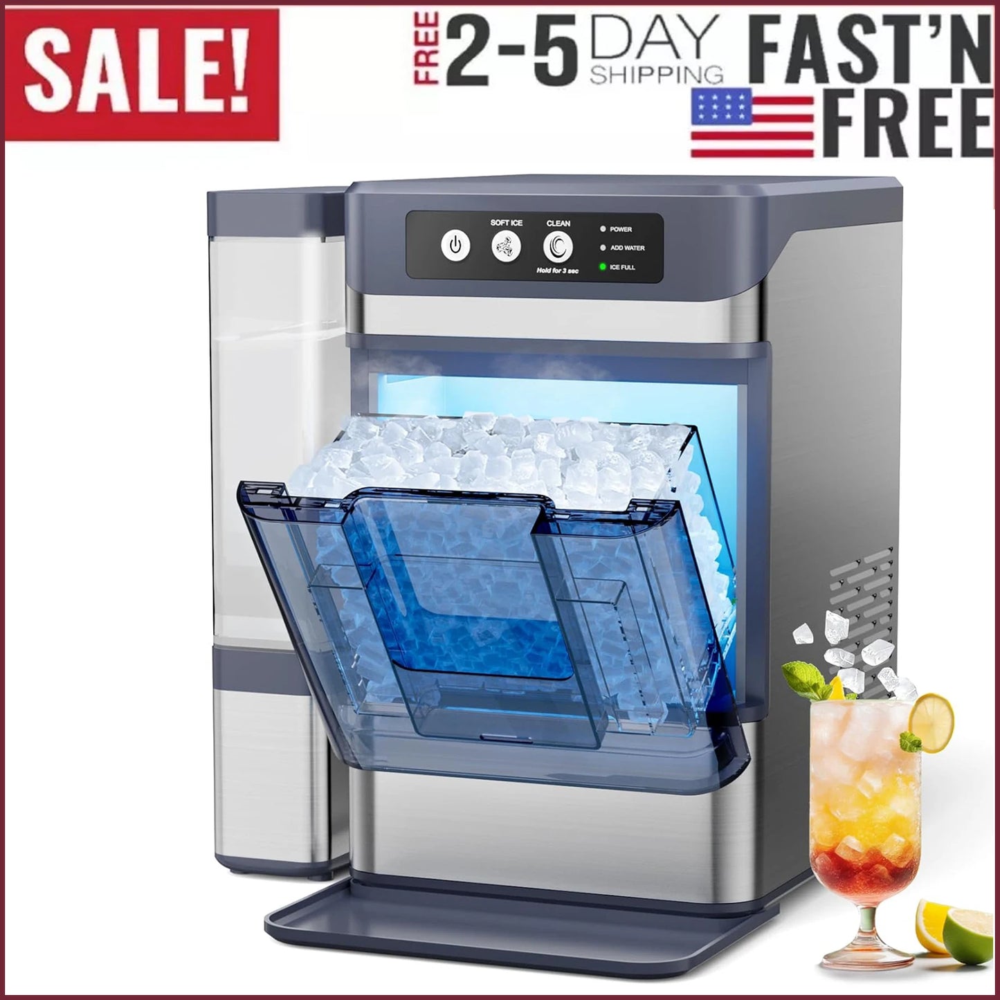 Portable Self-Cleaning Countertop Nugget Ice Maker, Stainless