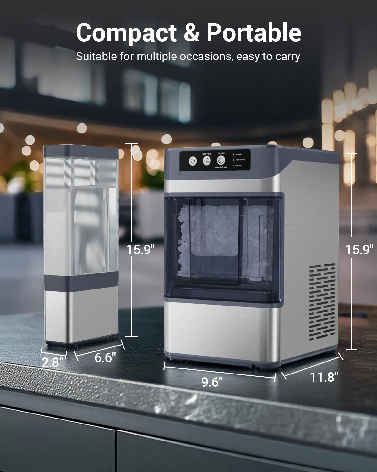 Portable Self-Cleaning Countertop Nugget Ice Maker, Stainless