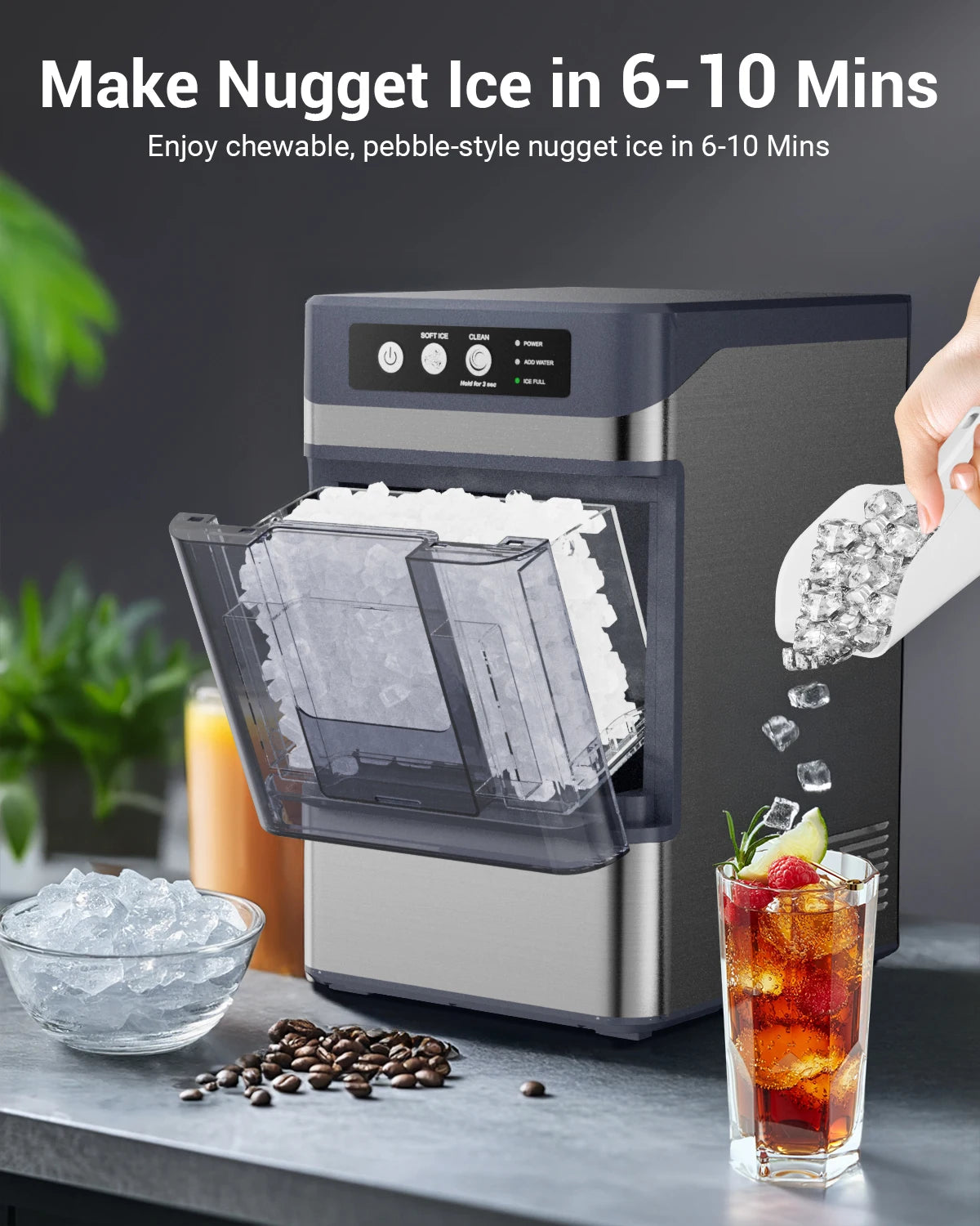 Portable Self-Cleaning Countertop Nugget Ice Maker, Stainless