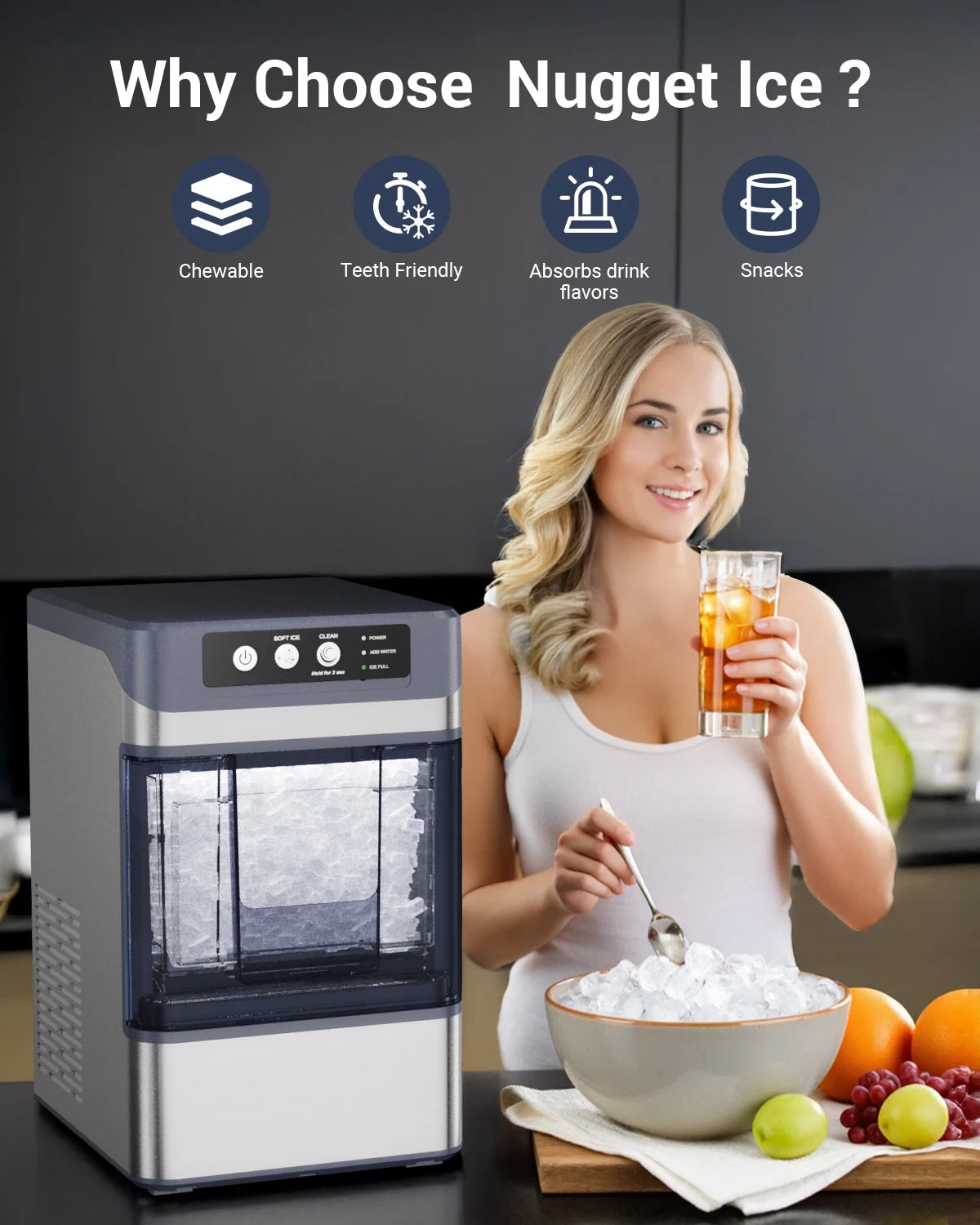 Portable Self-Cleaning Countertop Nugget Ice Maker, Stainless