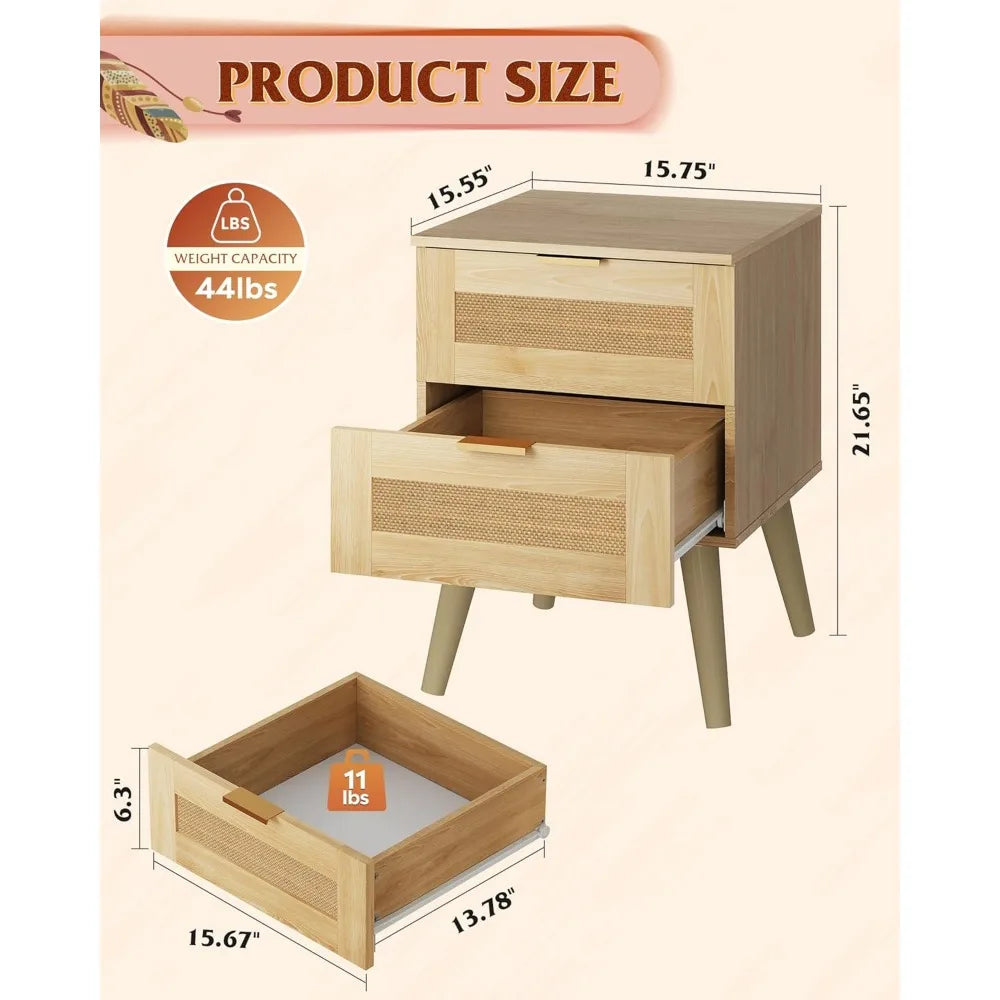 Wood Nightstand With Rattan Decor Drawers, Customized