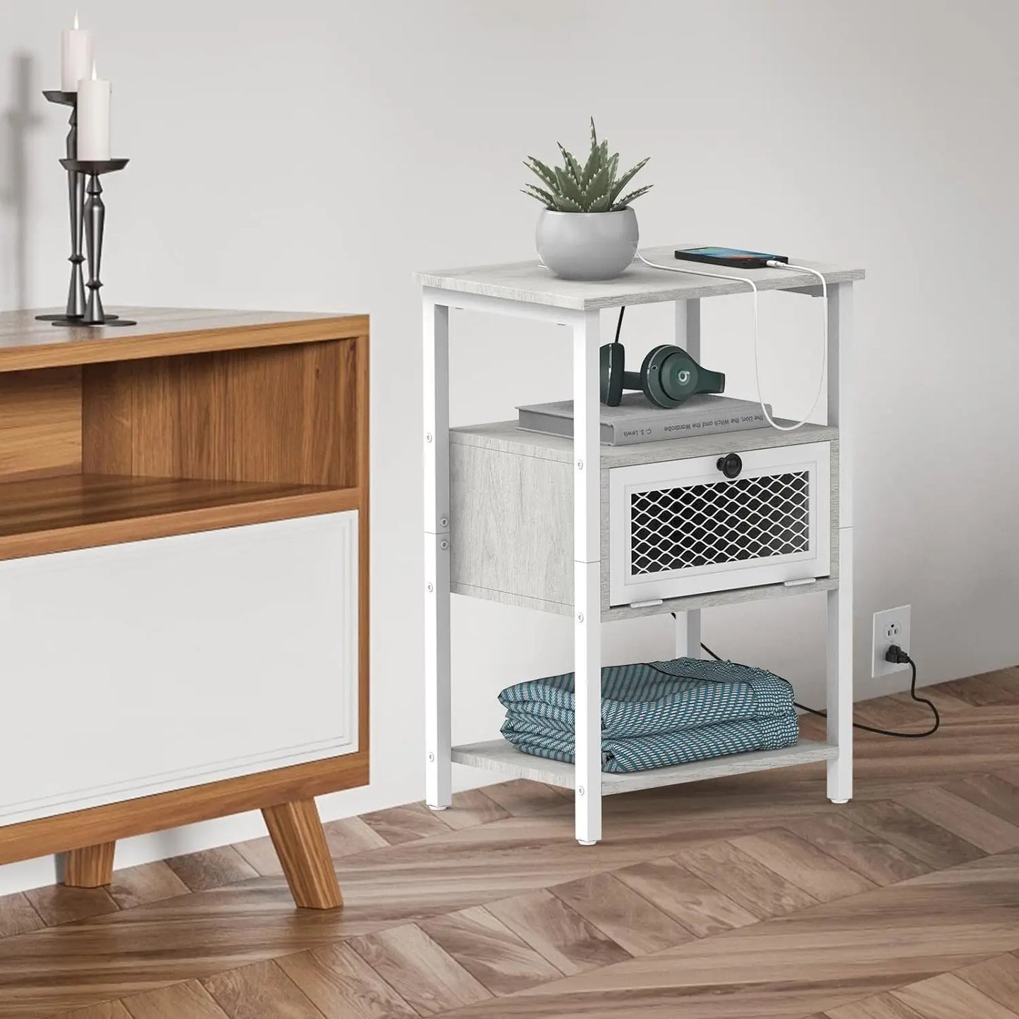Charging Station Side Table, With Flip-Storage Drawer