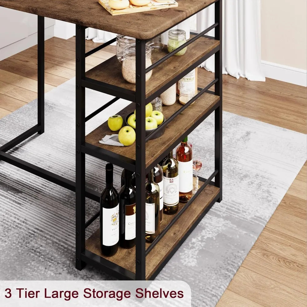 3 Piece Bar Table Set with 2 Upholstered Counter Stools 3 Tier Storage Shelves Steel, 300LB Capacity Compact Dining for Apartmen