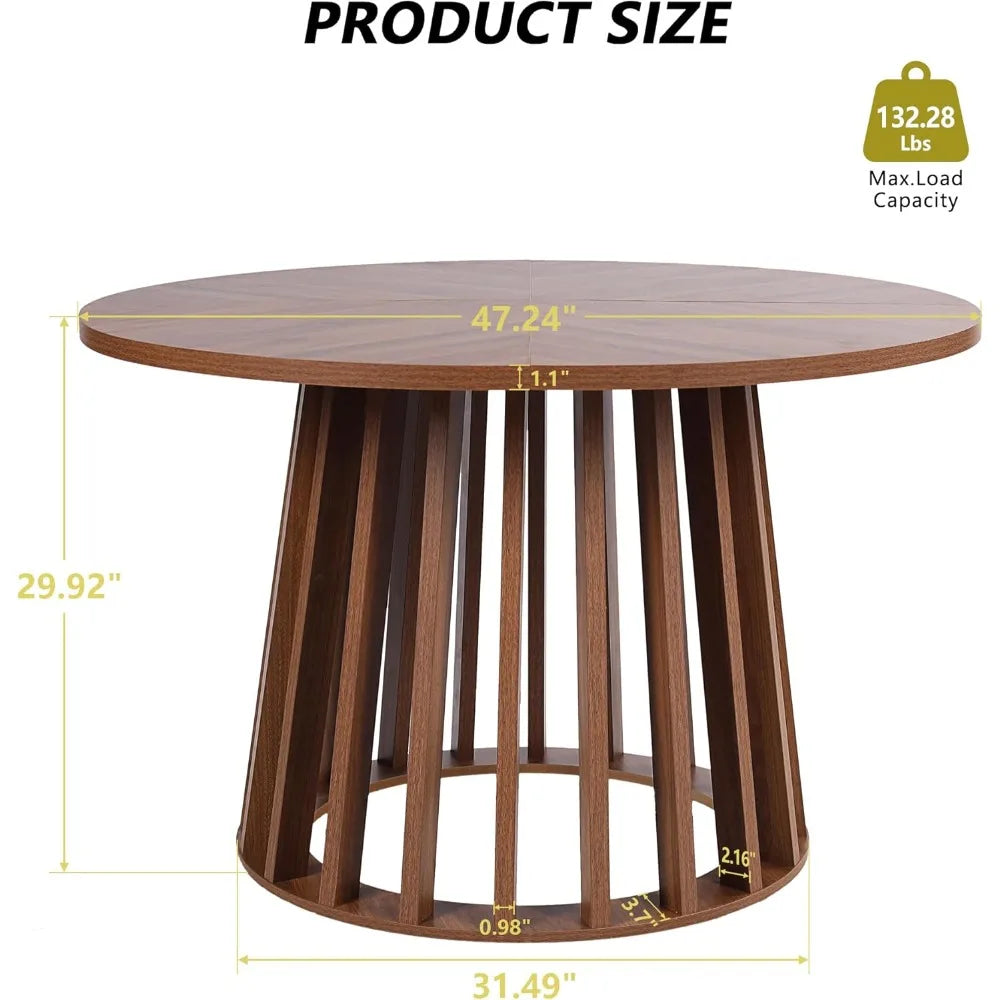 Round Dining Table for 4, Farmhouse 47 Inch Circle Kitchen Table, Rustic Dinner Table with Wood Strip Base for Dining Room Kitch
