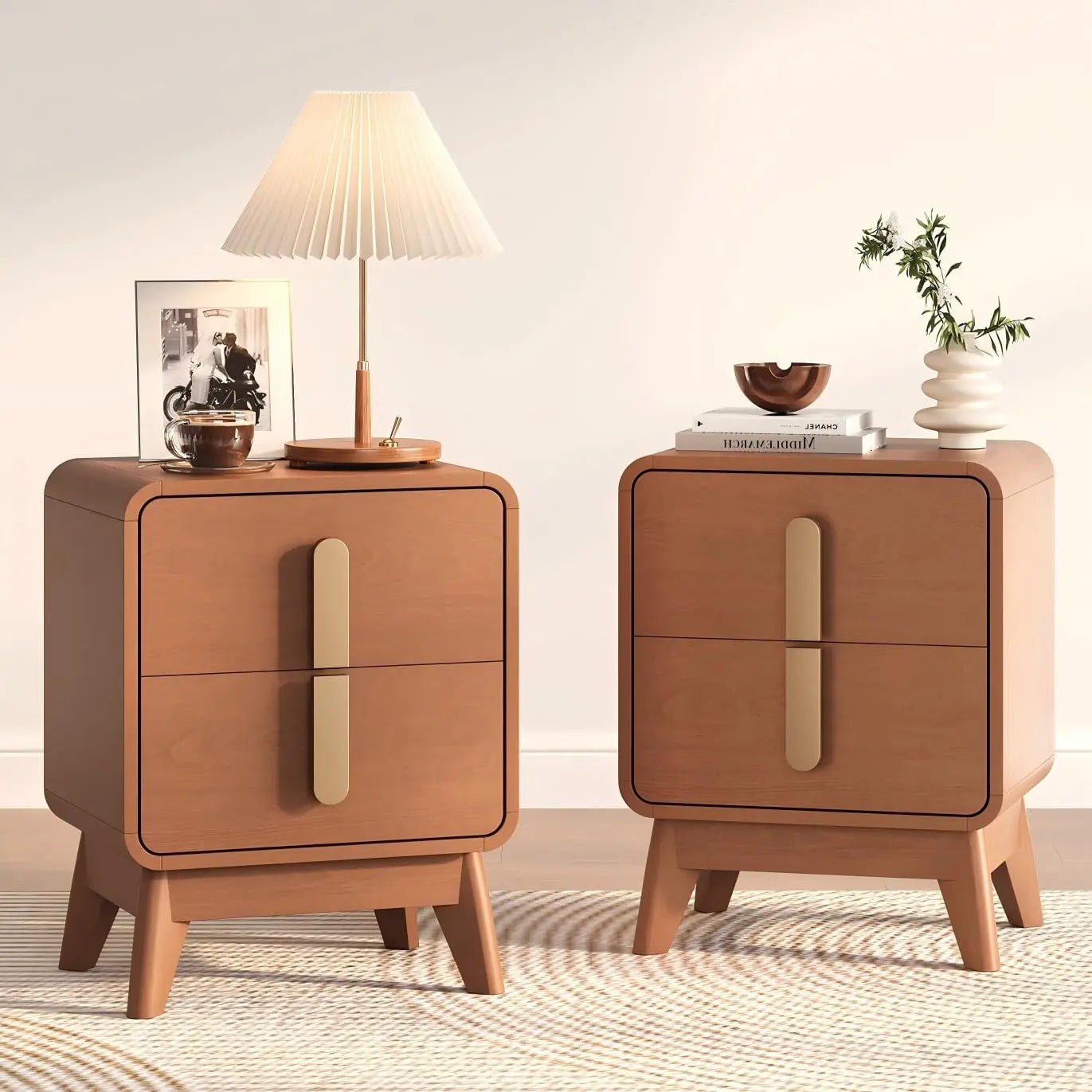 Mid-Century Modern Nightstand With Drawers, Wood Legs