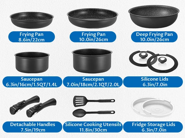 Nonstick Cookware Set 13 Pieces, Removable Handles
