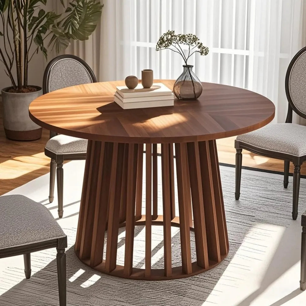 Round Dining Table for 4, Farmhouse 47 Inch Circle Kitchen Table, Rustic Dinner Table with Wood Strip Base for Dining Room Kitch