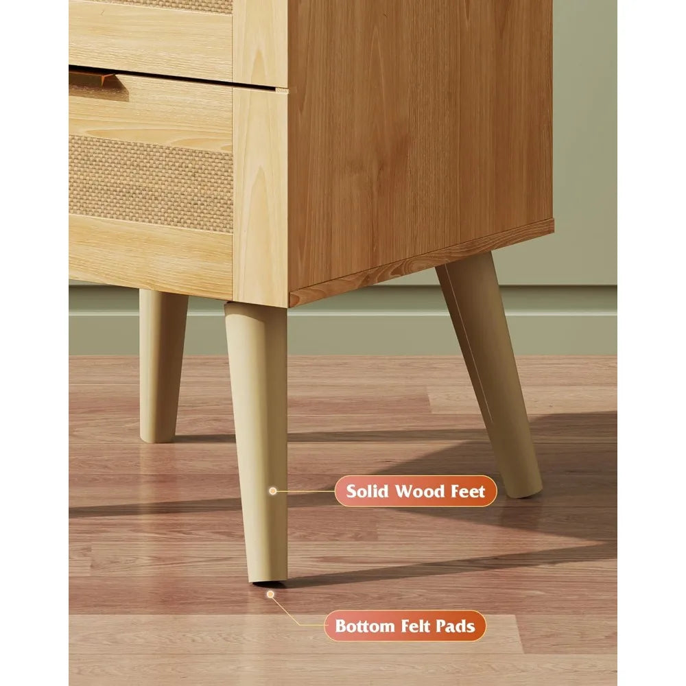 Wood Nightstand With Rattan Decor Drawers, Customized