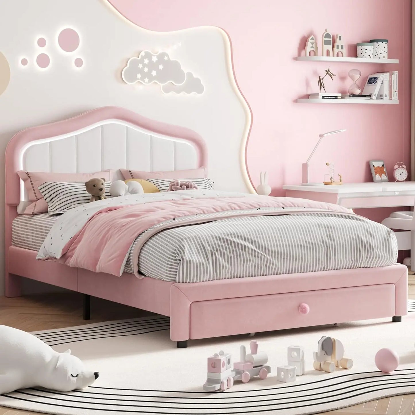 Princess Style Platform Upholstered Bed With Lights