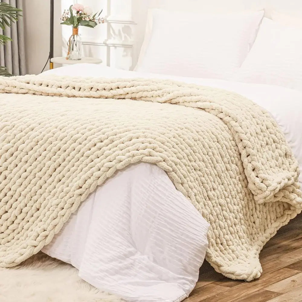 Chunky 100% Hand Knitted Throw Blanket, 80x90 inches