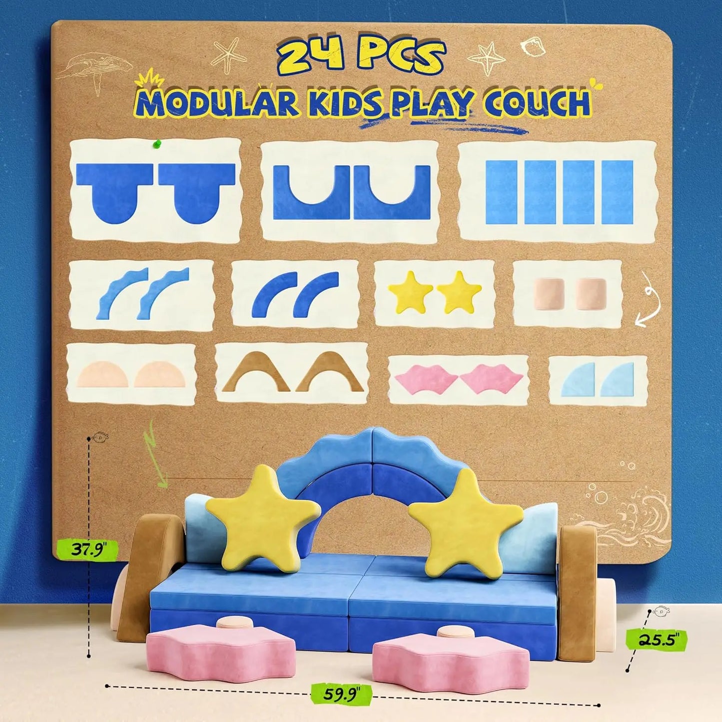Modular Couch With Convertible Foam, Sea Theme