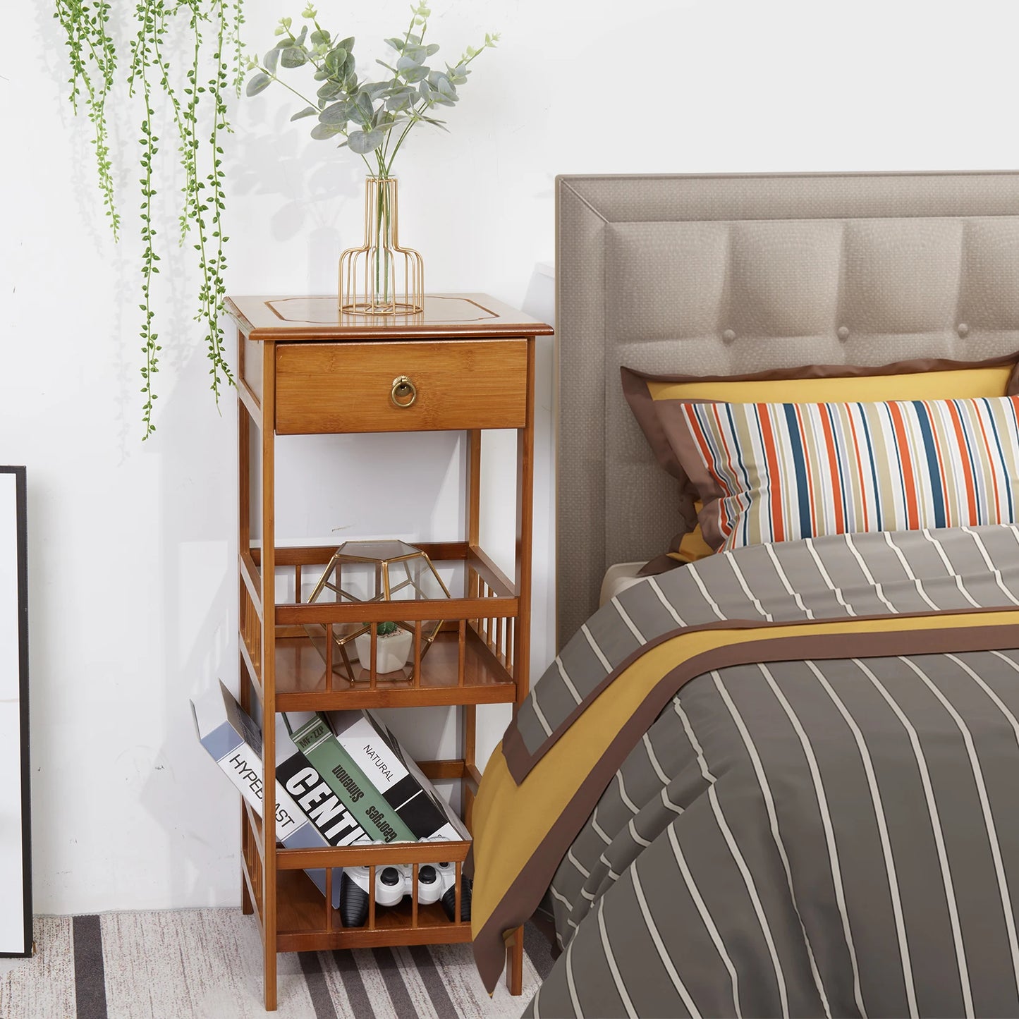2-Tier Retro Bedside Table Bamboo End Table