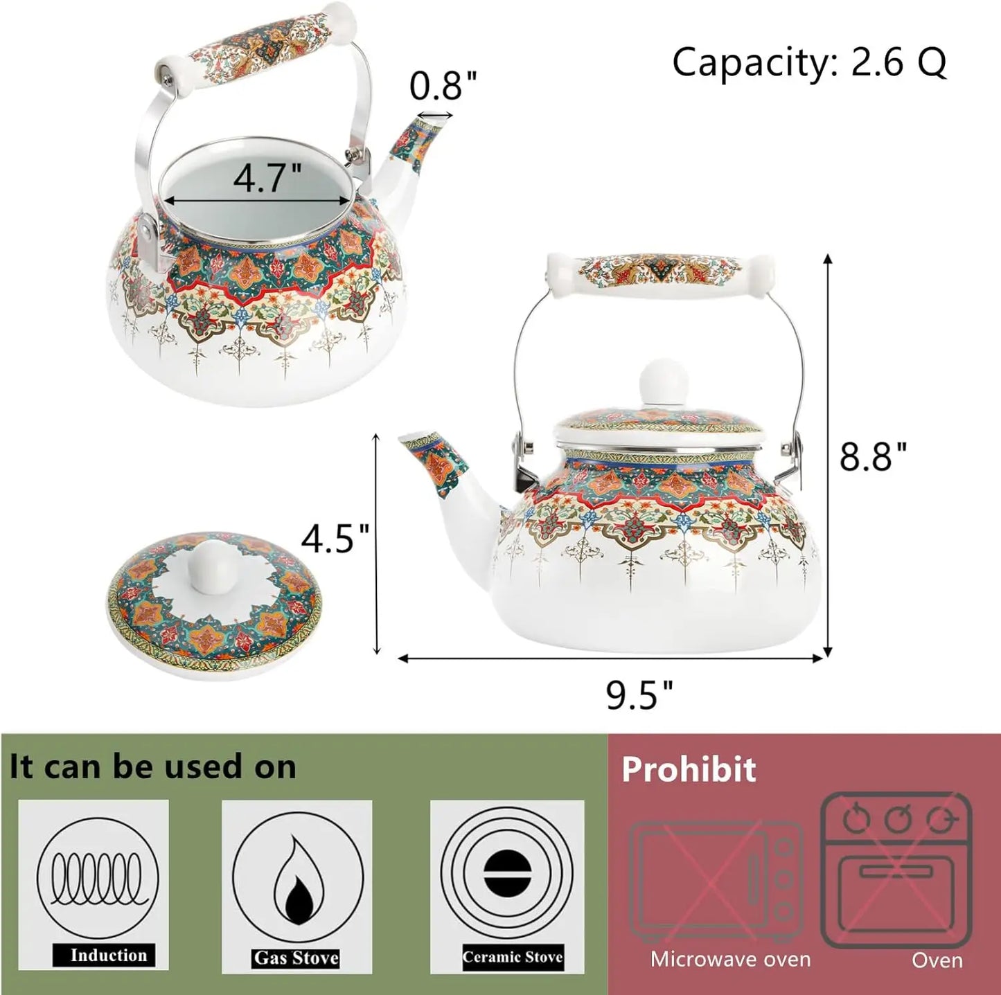 2.6QT Ceramic Tea Kettle,  Large Floral Colorful