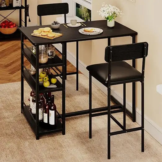 3 Piece Bar Table Set with 2 Upholstered Counter Stools 3 Tier Storage Shelves Steel, 300LB Capacity Compact Dining for Apartmen