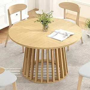Round Dining Table for 4, Farmhouse 47 Inch Circle Kitchen Table, Rustic Dinner Table with Wood Strip Base for Dining Room Kitch