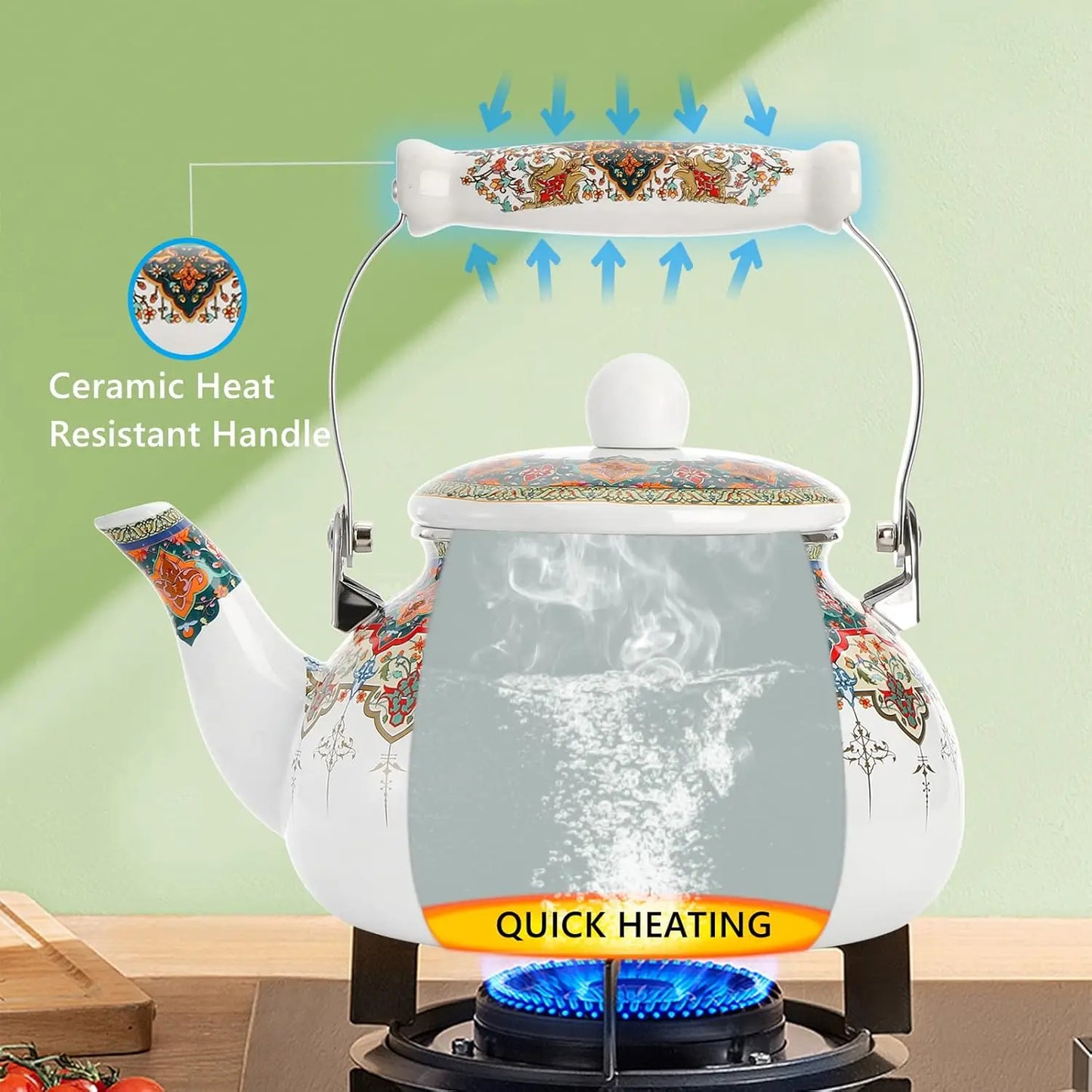2.6QT Ceramic Tea Kettle,  Large Floral Colorful