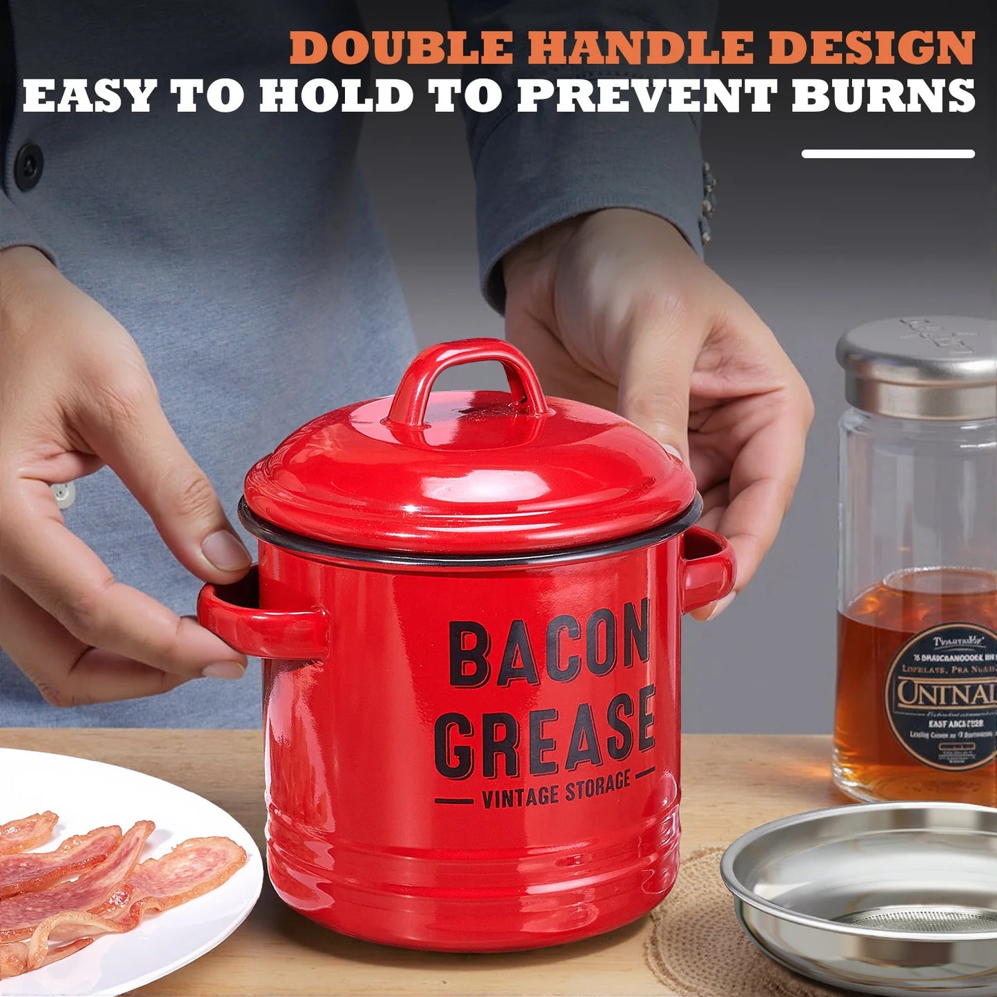 Large 46OZ Bacon Grease Container with Strainer