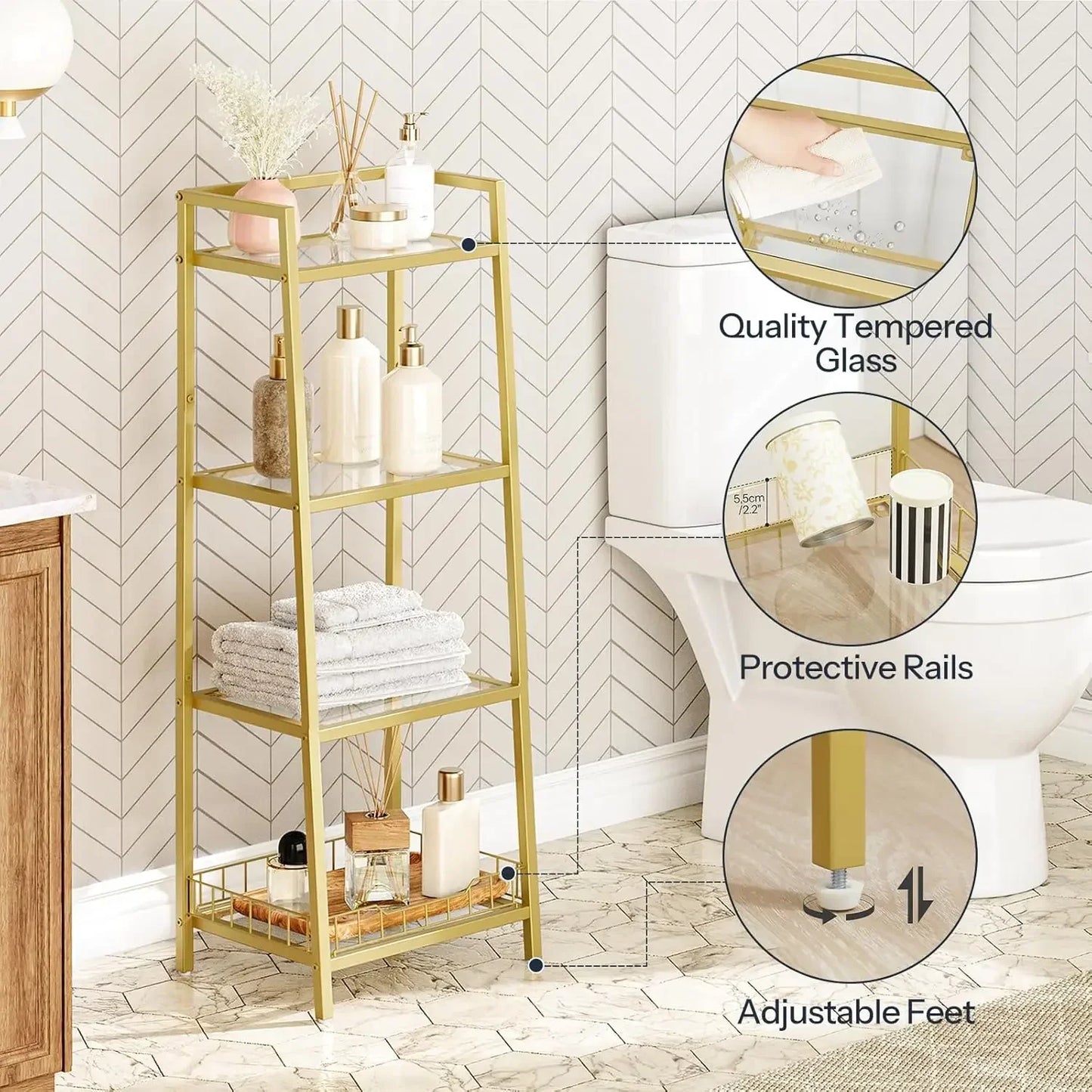 4 Tier Gold Glass Floor Standing Shelf