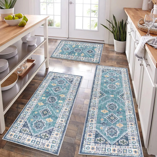 Boho Kitchen Rug Runner Set, Non-Slip Washable