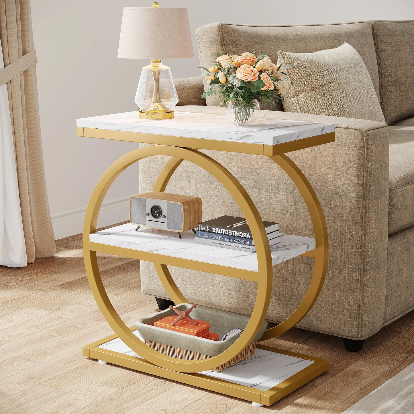 Tribesigns End Table With 3 Storage Shelves
