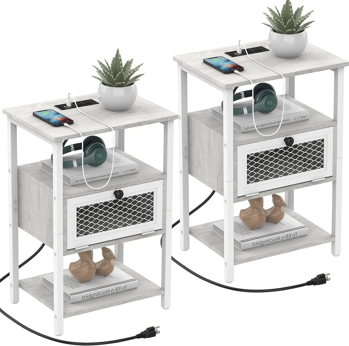 Charging Station Side Table, With Flip-Storage Drawer