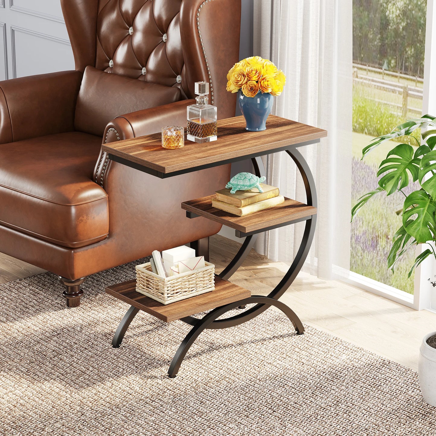 Tribesigns C-Shaped End Table, With Storage Shelves