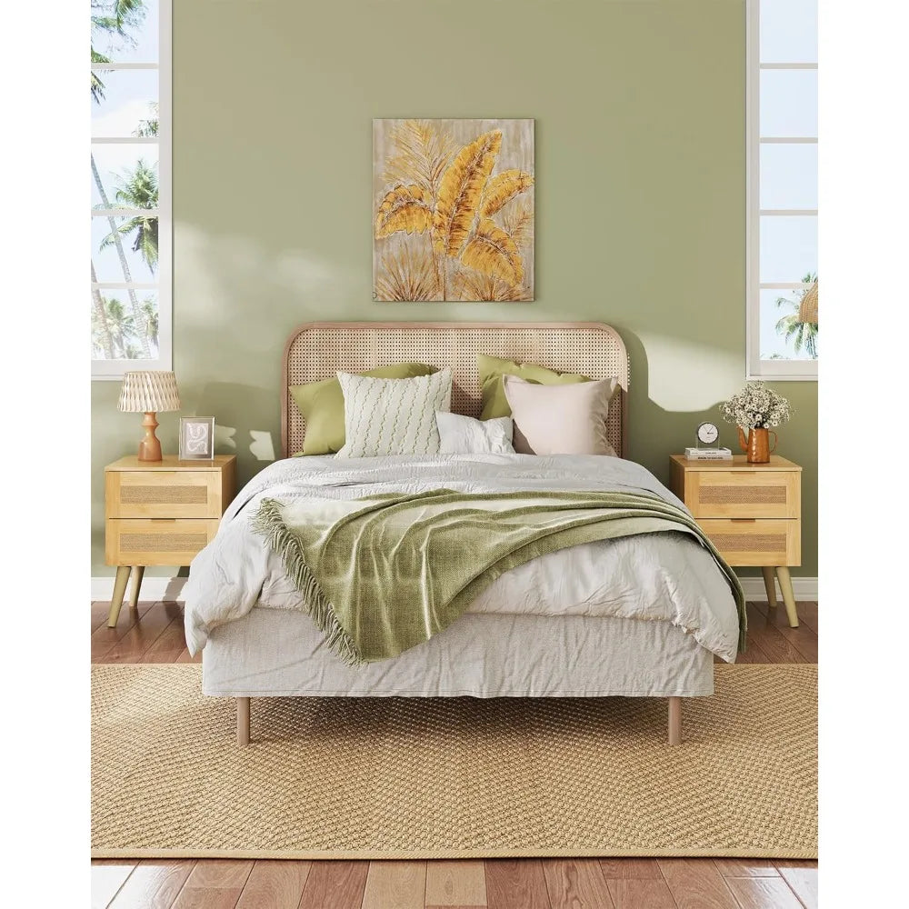 Wood Nightstand With Rattan Decor Drawers, Customized