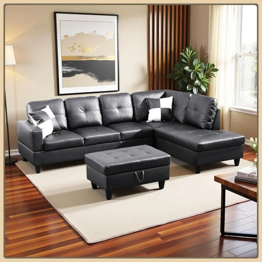 Faux Leather 3-Piece Sectional with Storage Ottoman