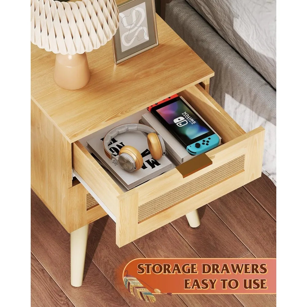 Wood Nightstand With Rattan Decor Drawers, Customized