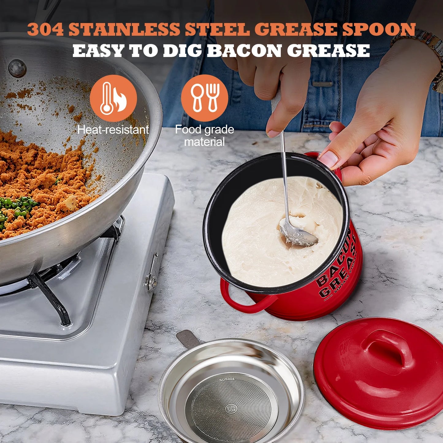 Large 46OZ Bacon Grease Container with Strainer