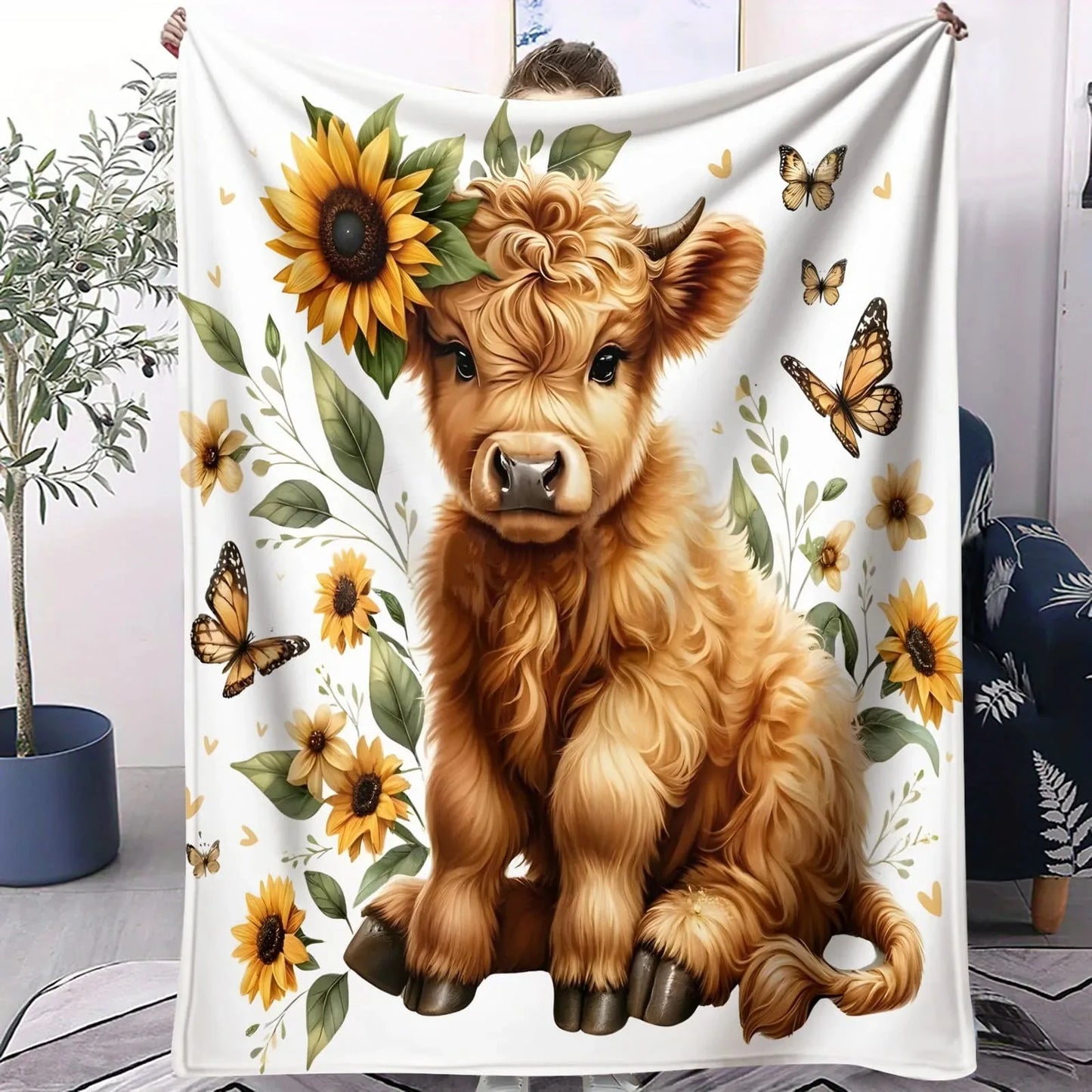 Highland Cow Flannel Blanket Sunflower Butterfly Throw