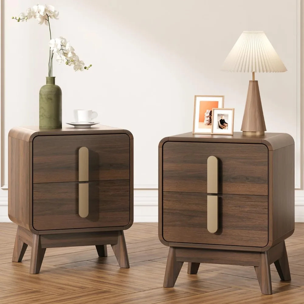 Mid-Century Modern Nightstand With Drawers, Wood Legs