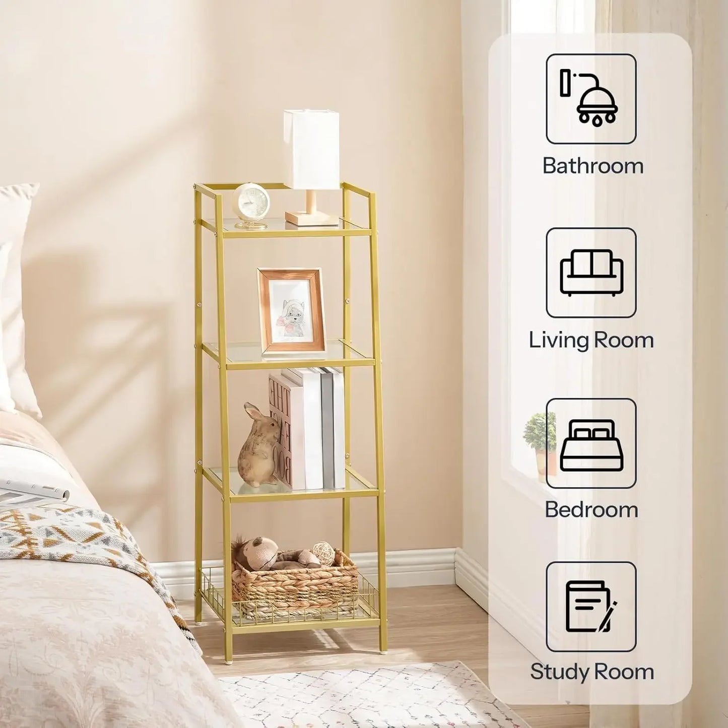 4 Tier Gold Glass Floor Standing Shelf