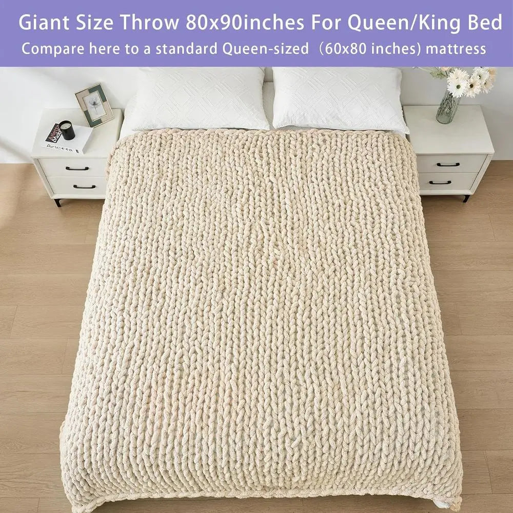 Chunky 100% Hand Knitted Throw Blanket, 80x90 inches