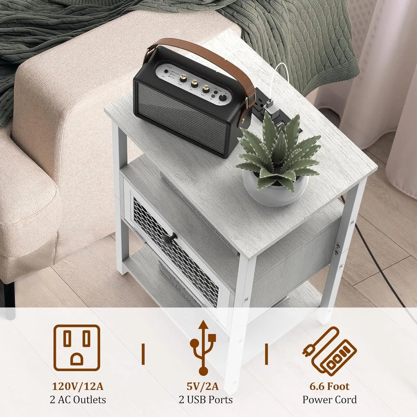 Charging Station Side Table, With Flip-Storage Drawer