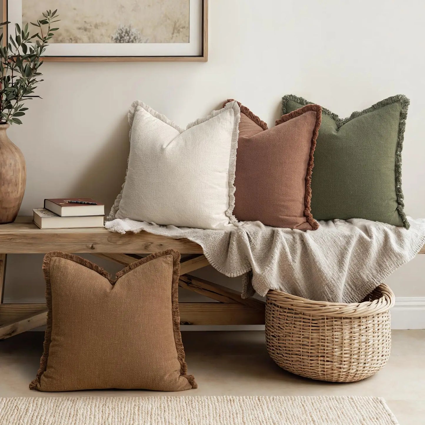 Set of 4 Neutral Linen Fringe Throw Pillows, Soft Rustic Cushions for Sofa Living Room Decor, Beige/Brown/Green