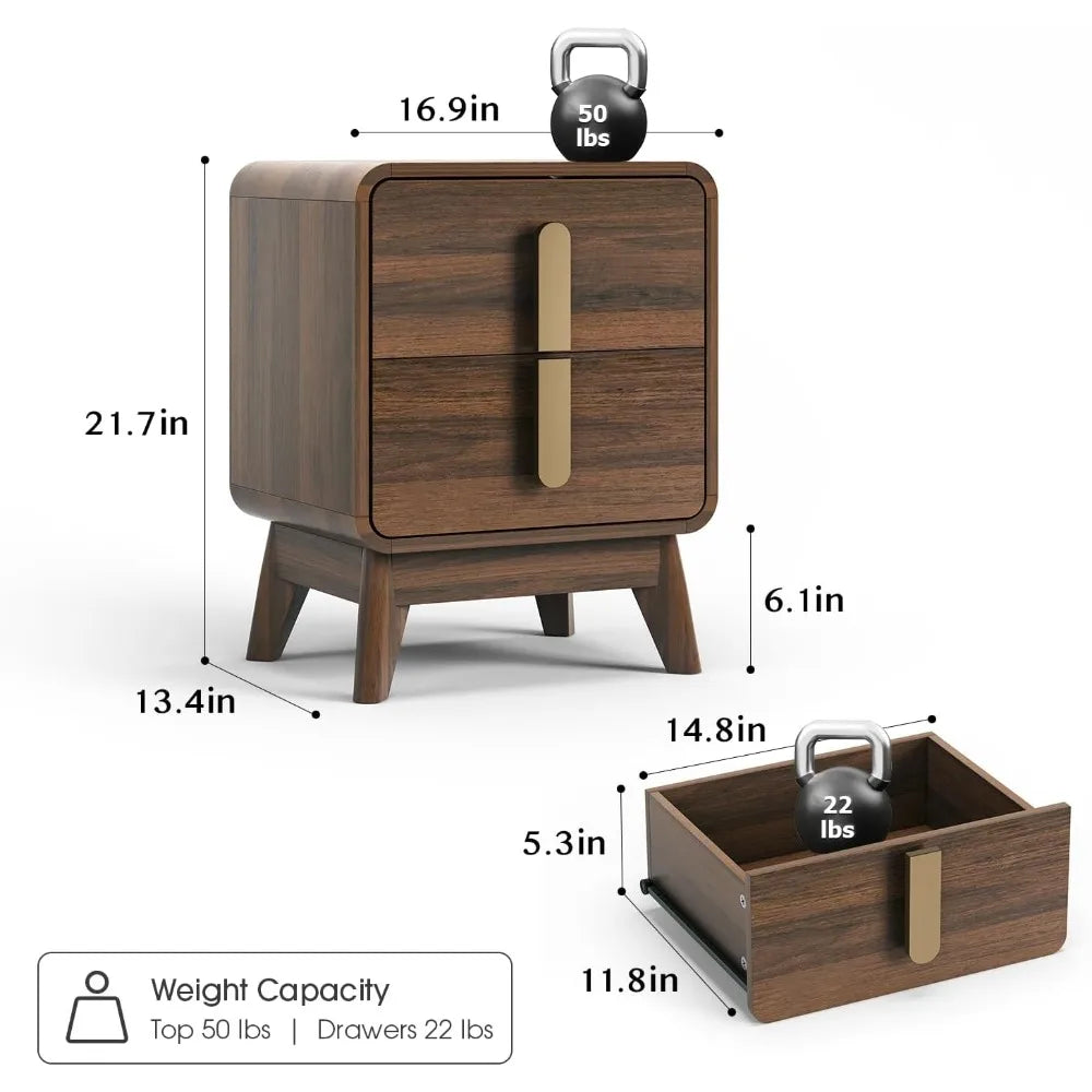 Mid-Century Modern Nightstand With Drawers, Wood Legs