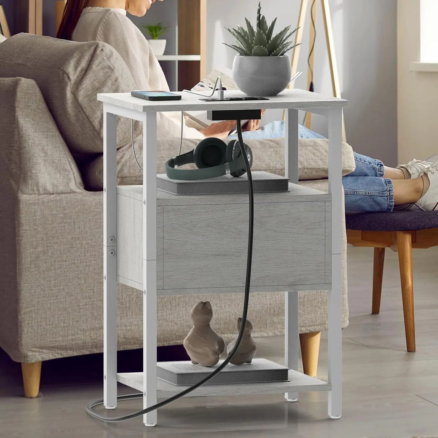 Charging Station Side Table, With Flip-Storage Drawer