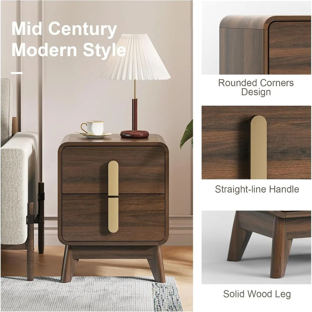 Mid-Century Modern Nightstand With Drawers, Wood Legs
