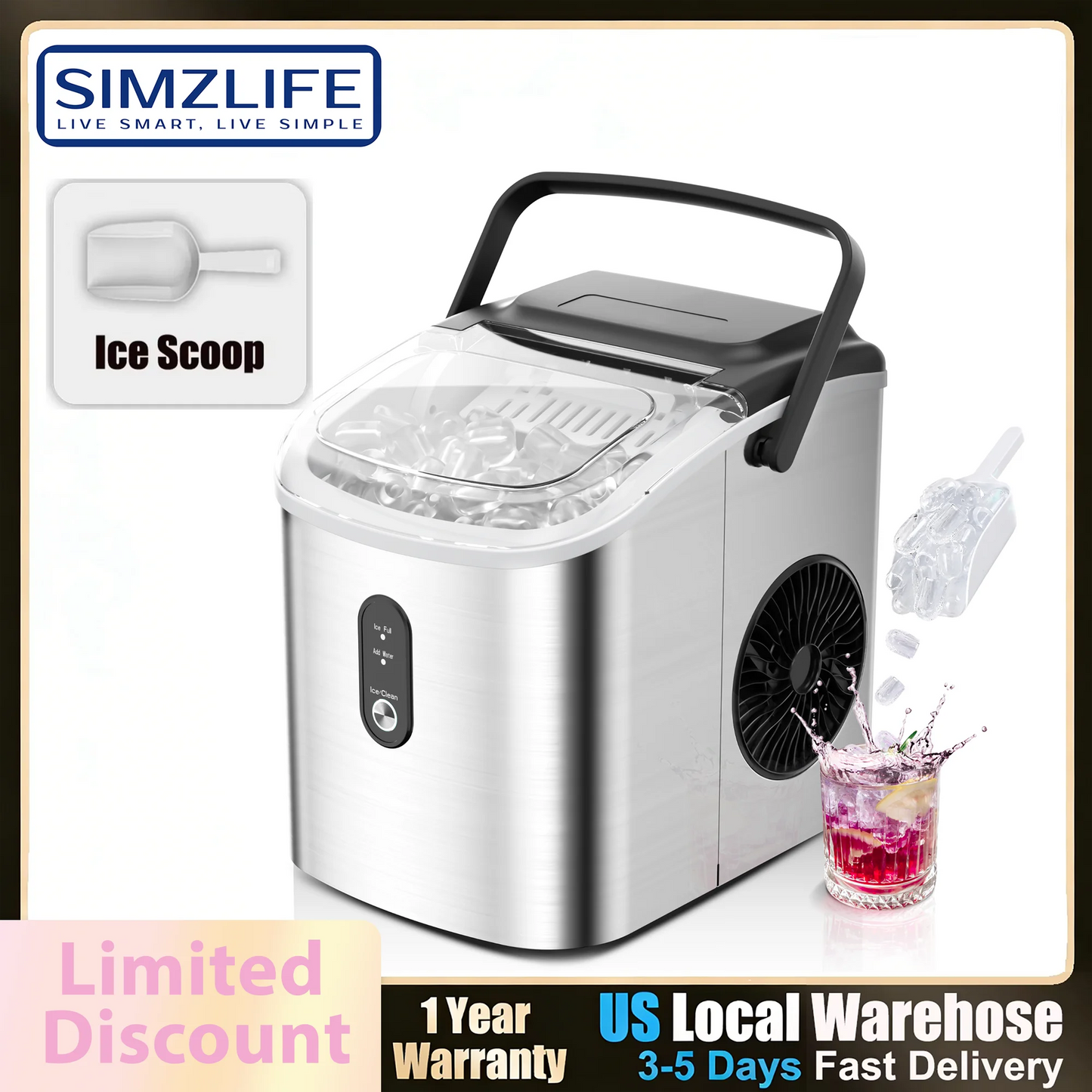 Auto-Cleaning Portable Countertop Ice Machine With Handle