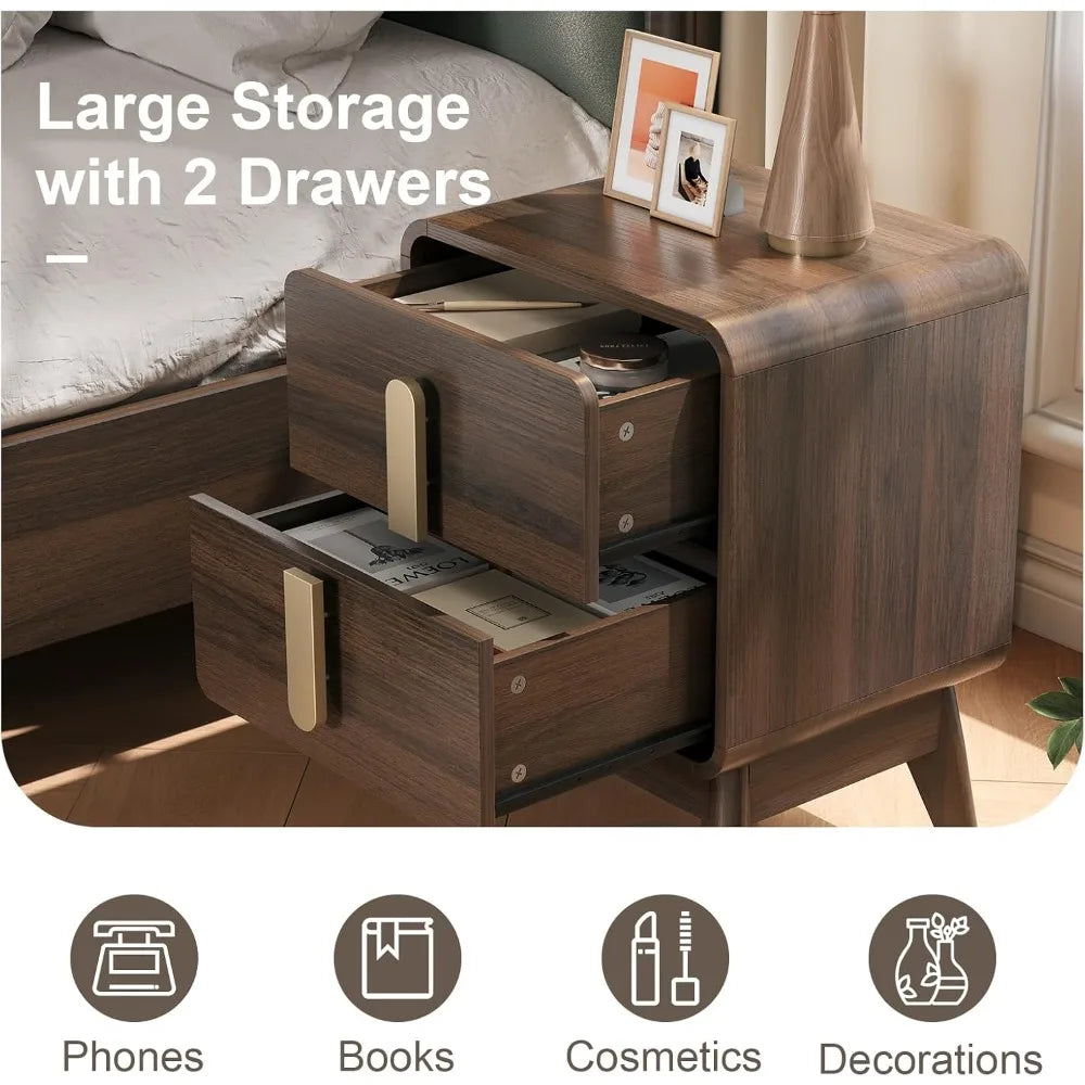 Mid-Century Modern Nightstand With Drawers, Wood Legs