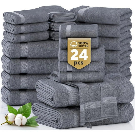 Cotton Bath Towel Set - 24Pcs - Ultra Soft, Absorbent